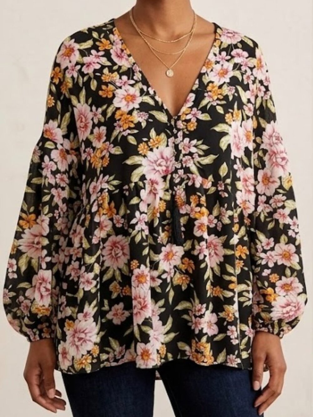 NWT Easel Floral Boho Puff Sleeve Babydoll Tunic Top Size Small